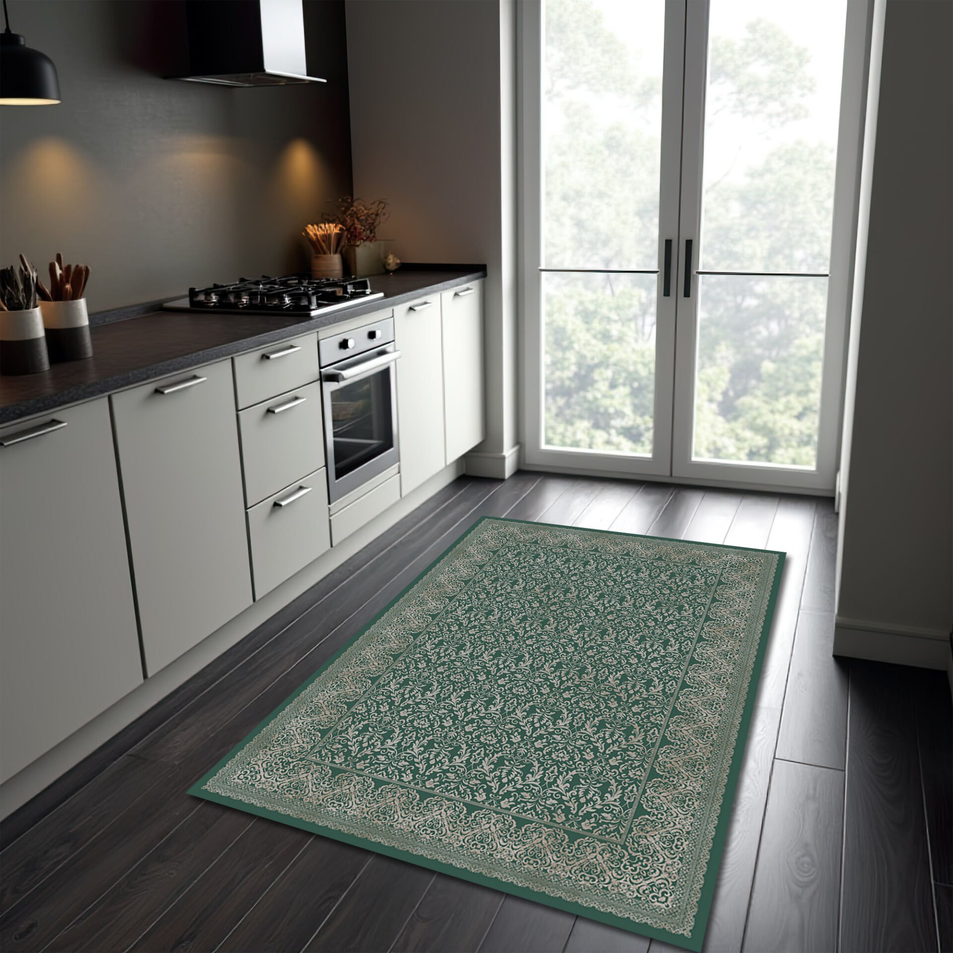 Elegant Green Rug for Modern Kitchen and Living Spaces