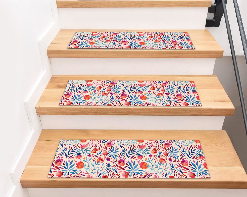 Bright Floral Burst Stair Treads – Colorful Watercolor Flower Step Mats