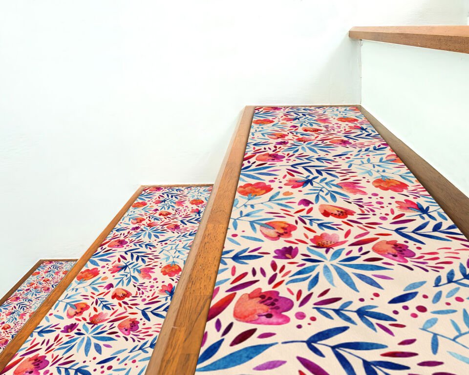 Bright Floral Burst Stair Treads – Colorful Watercolor Flower Step Mats