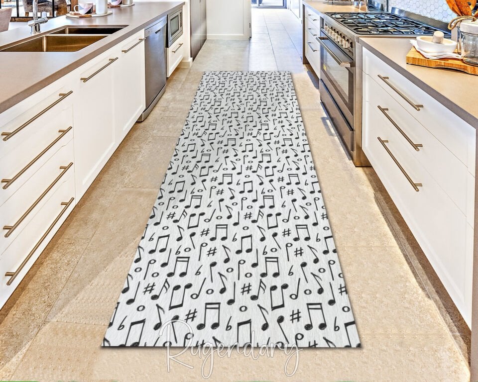 Music Notes Runner Rug – Black & White Musical Pattern Carpet
