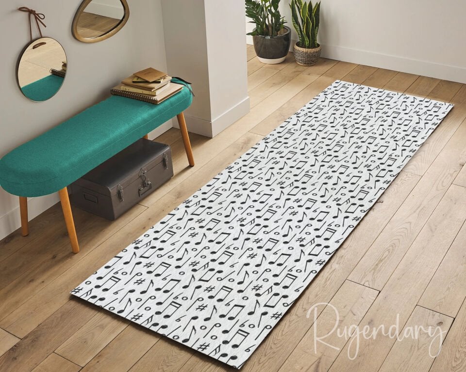 Music Notes Runner Rug – Black & White Musical Pattern Carpet