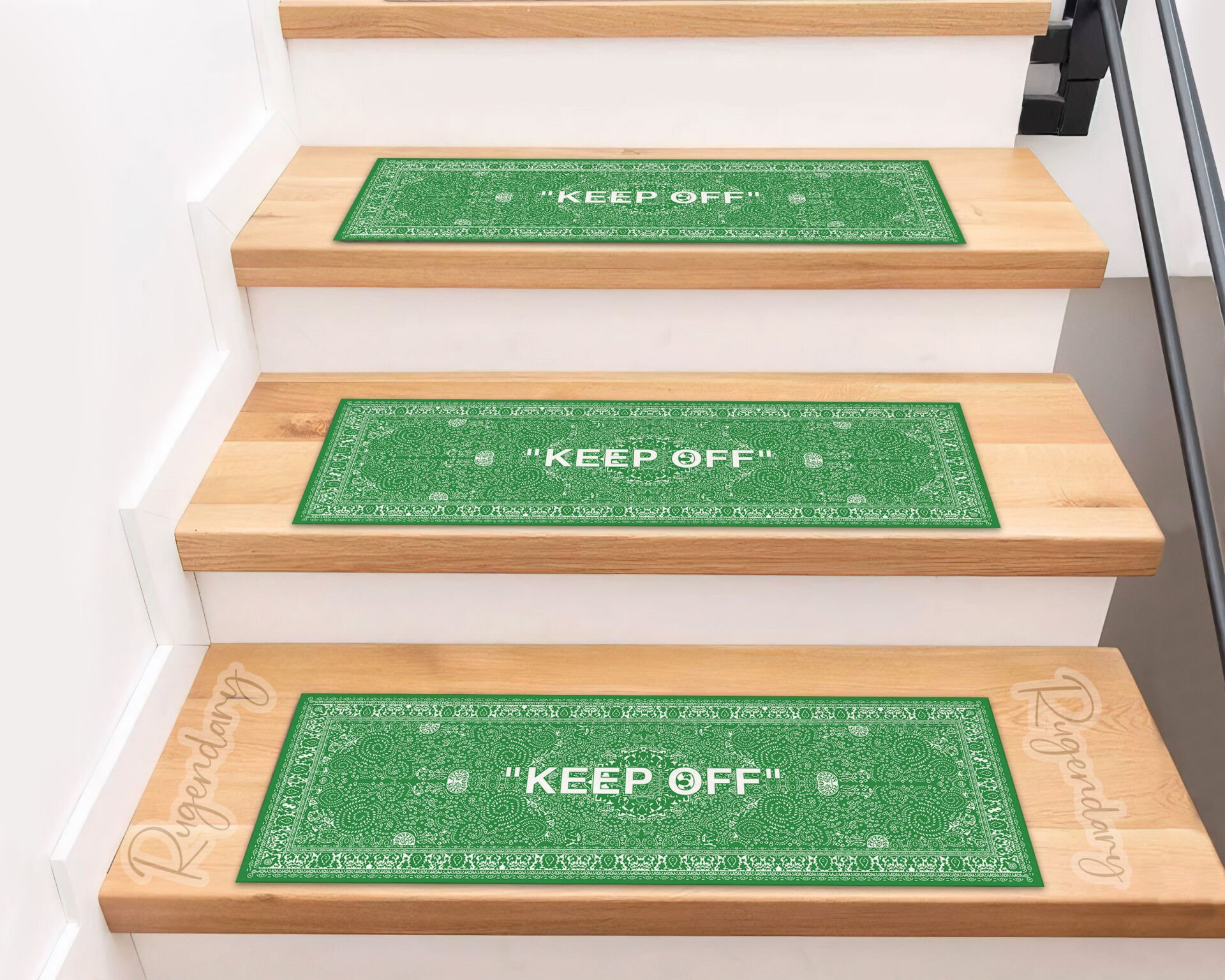 Green & White ''KEEP OFF'' Stair Mats – Modern Non-Slip Stair Carpet Set