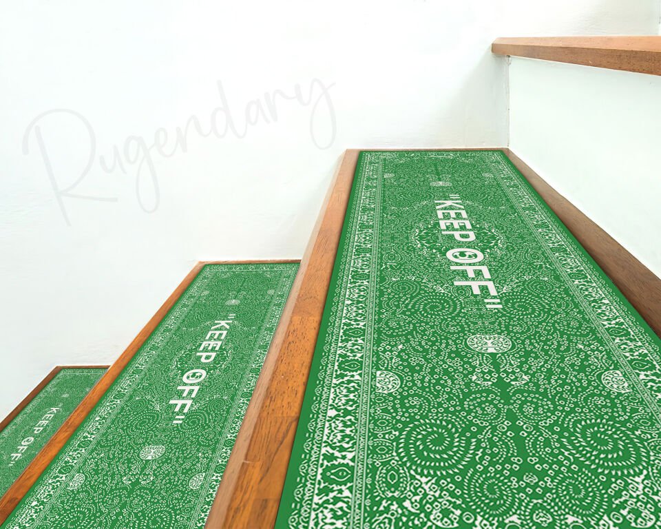 Green & White ''KEEP OFF'' Stair Mats – Modern Non-Slip Stair Carpet Set