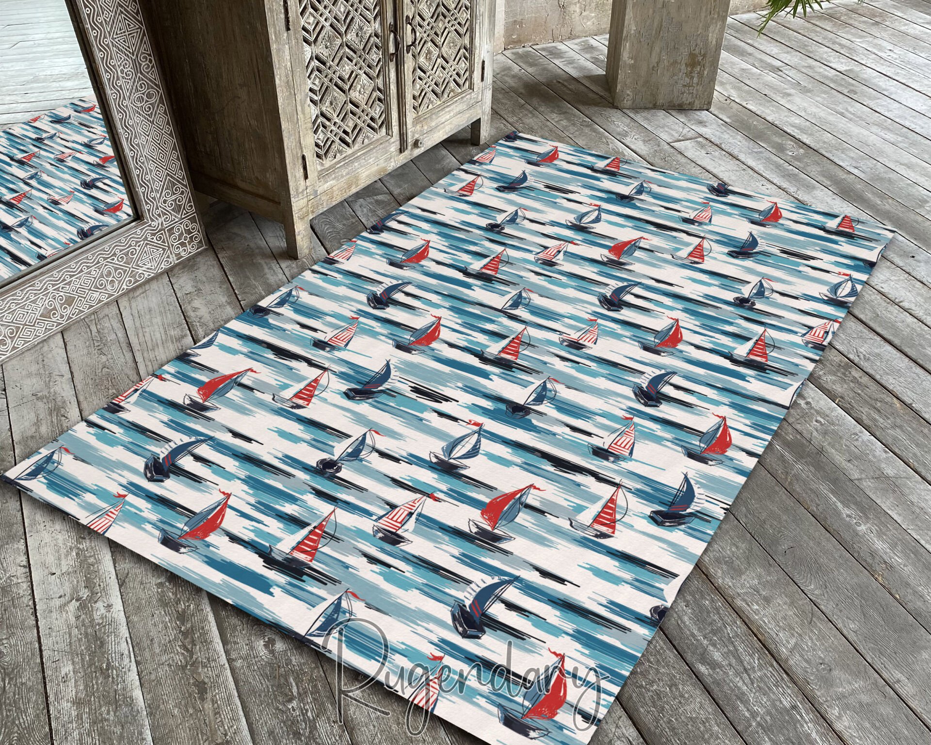 Sailboat Pattern Rug – Nautical Carpet for Living Room or Bedroom