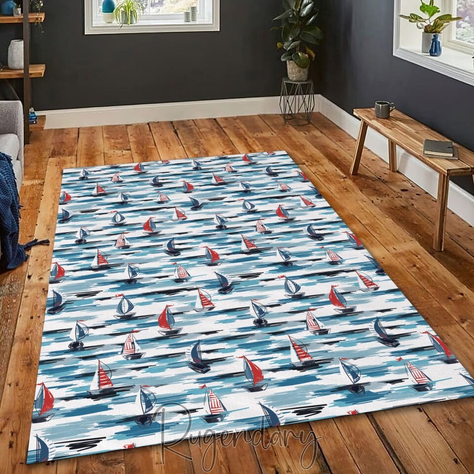 Sailboat Pattern Rug – Nautical Carpet for Living Room or Bedroom