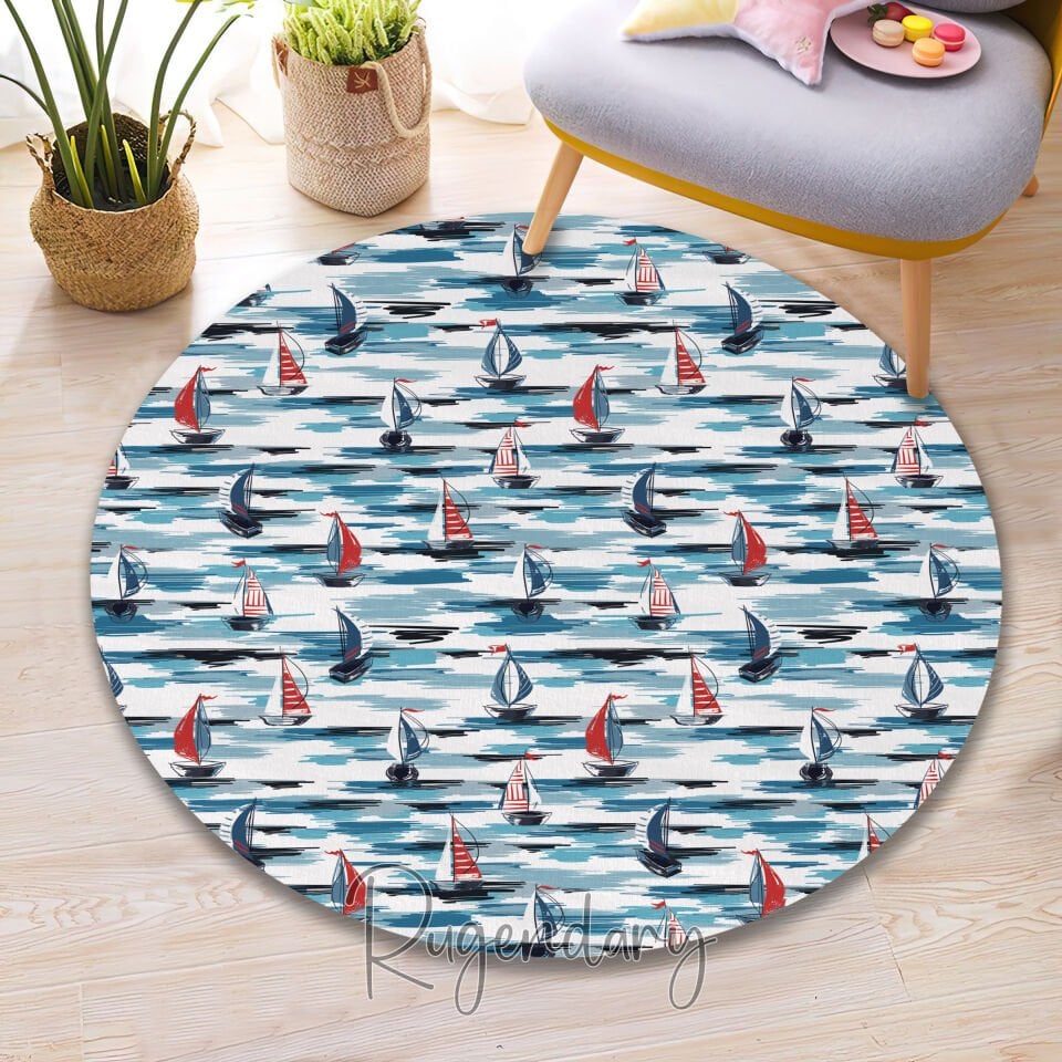 Sailboat Pattern Rug – Nautical Carpet for Living Room or Bedroom