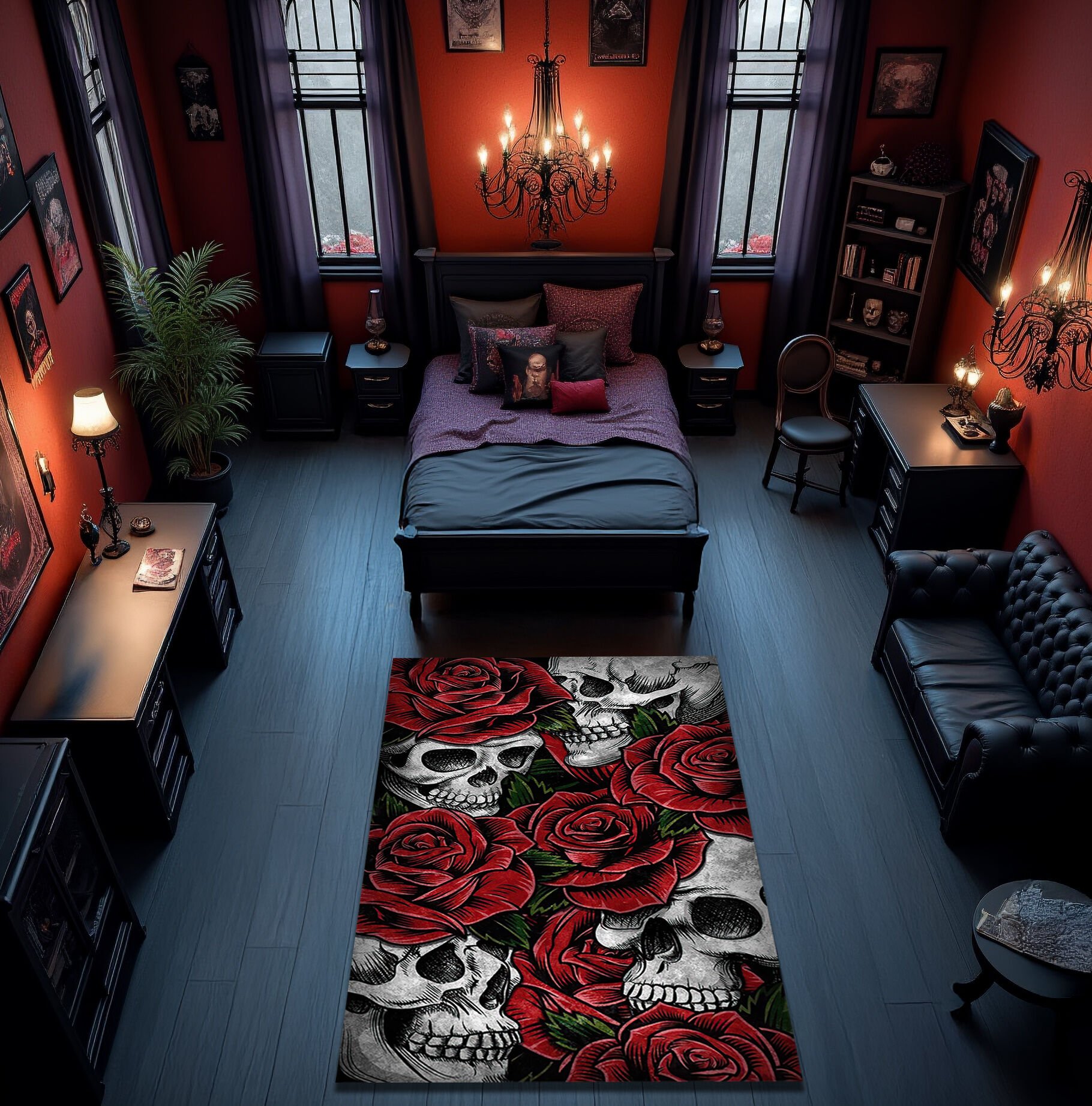 Skulls and Roses Gothic Rug – Red and Black Dark Art Carpet