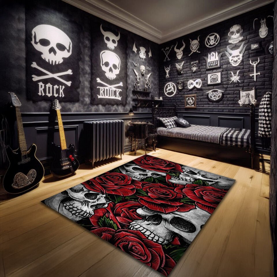 Skulls and Roses Gothic Rug – Red and Black Dark Art Carpet