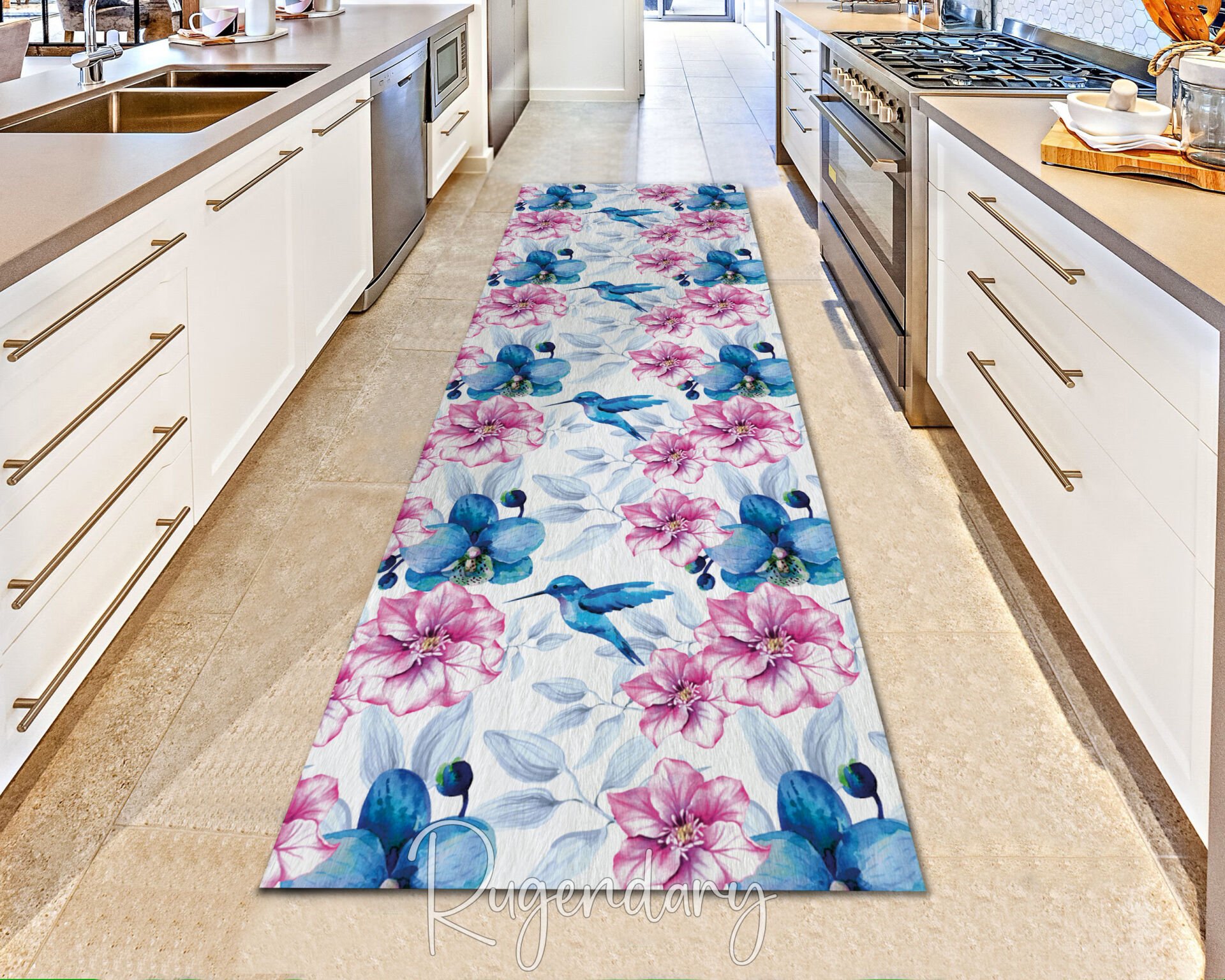 Runner Rug with Pink & Blue Floral and Bird Patterns – Elegant Nature-Inspired Carpet
