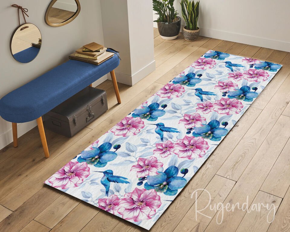 Runner Rug with Pink & Blue Floral and Bird Patterns – Elegant Nature-Inspired Carpet