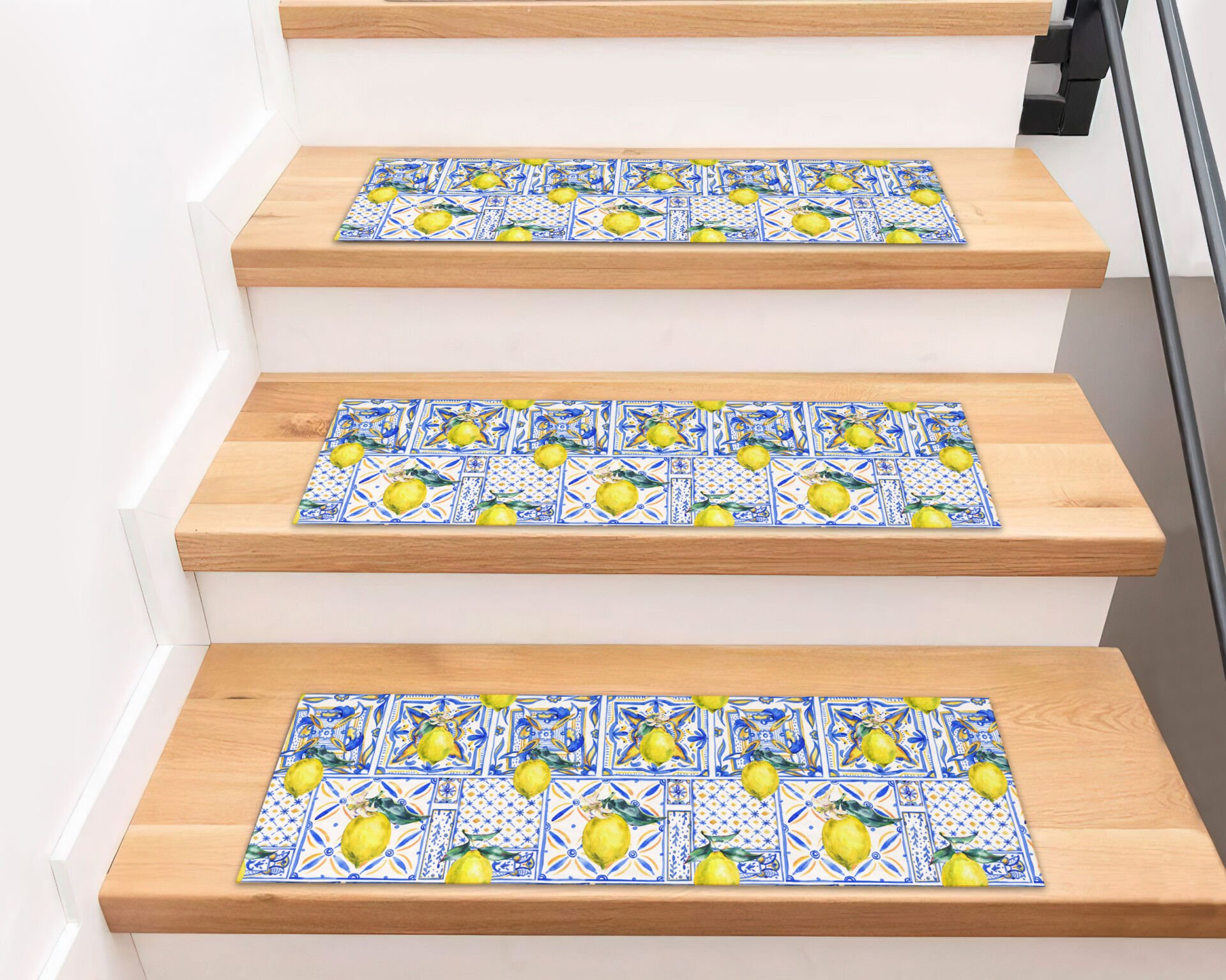 Vibrant Lemon Pattern Stair Mats with Mediterranean Charm