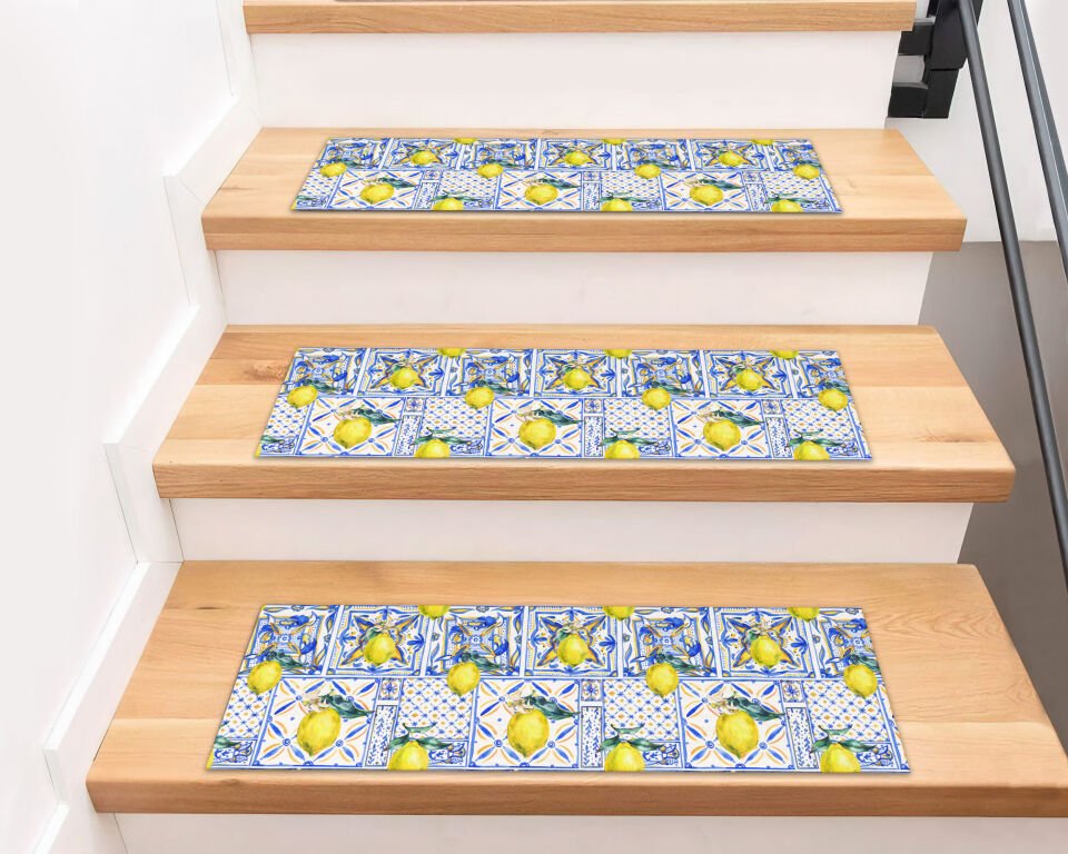Vibrant Lemon Pattern Stair Mats with Mediterranean Charm