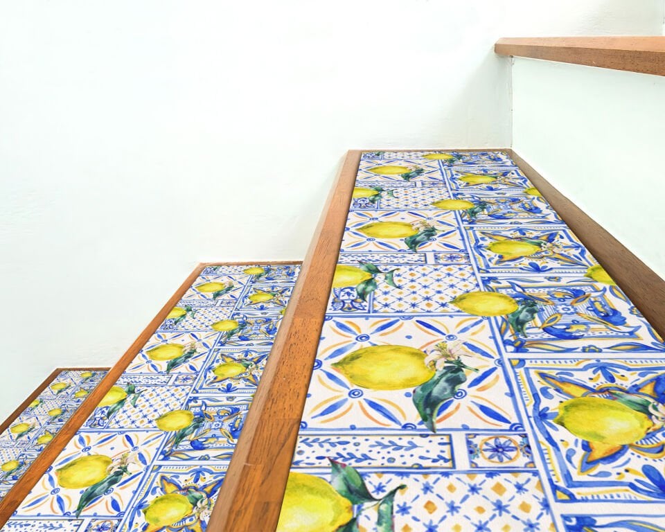 Vibrant Lemon Pattern Stair Mats with Mediterranean Charm