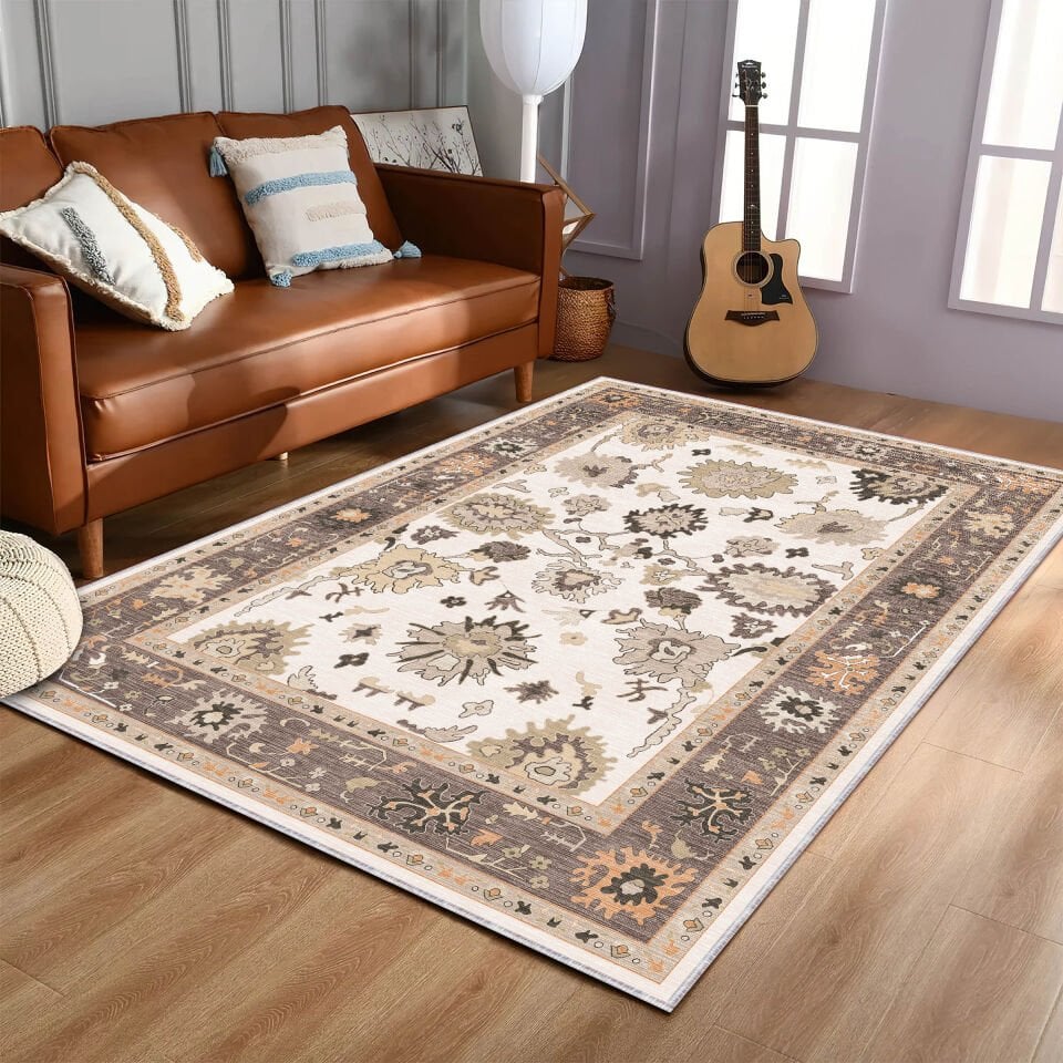 Beige Oriental Rug Classic Floral Pattern Decorative Carpet