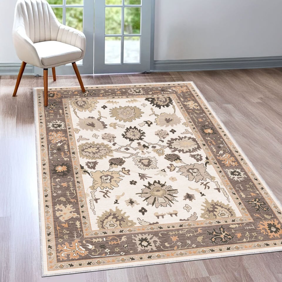 Beige Oriental Rug Classic Floral Pattern Decorative Carpet