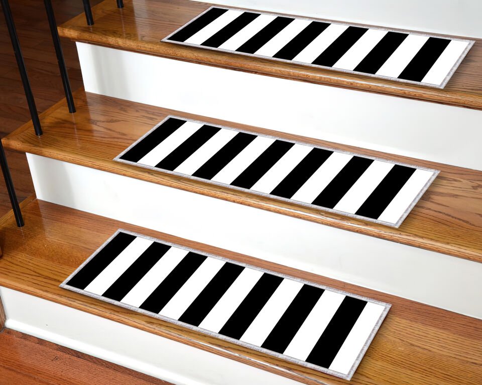 Black & White Striped Stair Mats – Modern Non-Slip Step Rugs for Stylish Homes