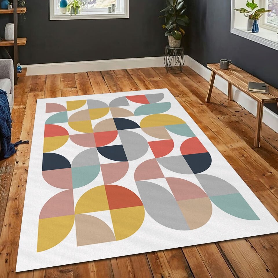 Mid Century Modern Geometric Rug Colorful Abstract Carpet Retro Style Floor Mat for Home Decor