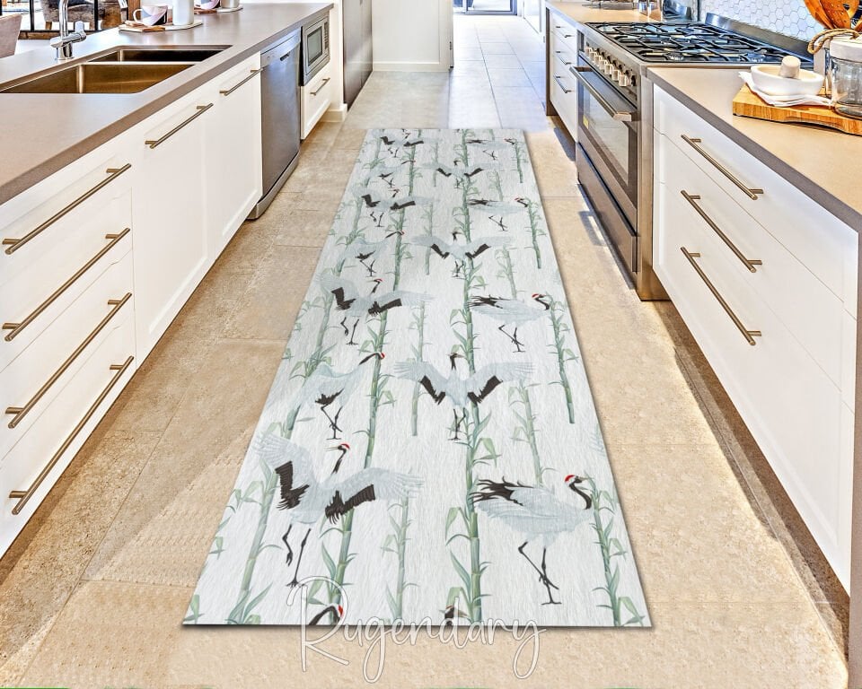 Elegant Crane & Bamboo Pattern Runner Rug – Modern Hallway & Entryway Decor