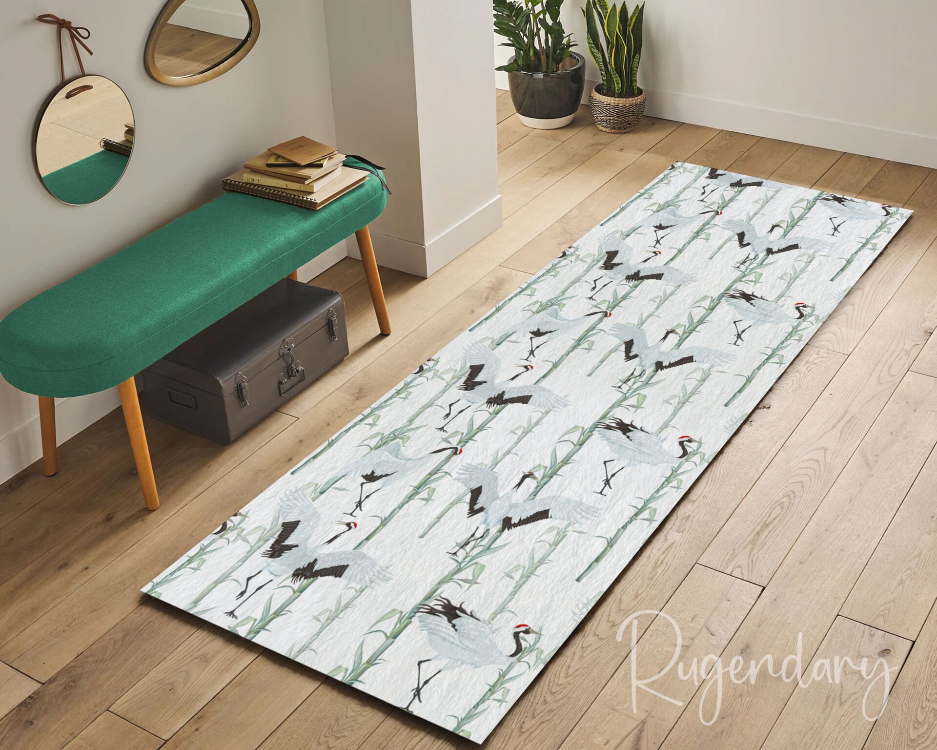Elegant Crane & Bamboo Pattern Runner Rug – Modern Hallway & Entryway Decor