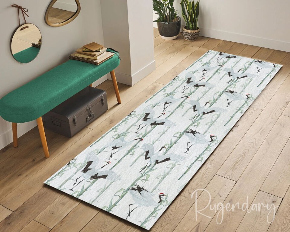 Elegant Crane & Bamboo Pattern Runner Rug – Modern Hallway & Entryway Decor