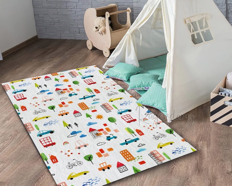 Colorful City Pattern Kids Room Rug – Playful & Educational Design