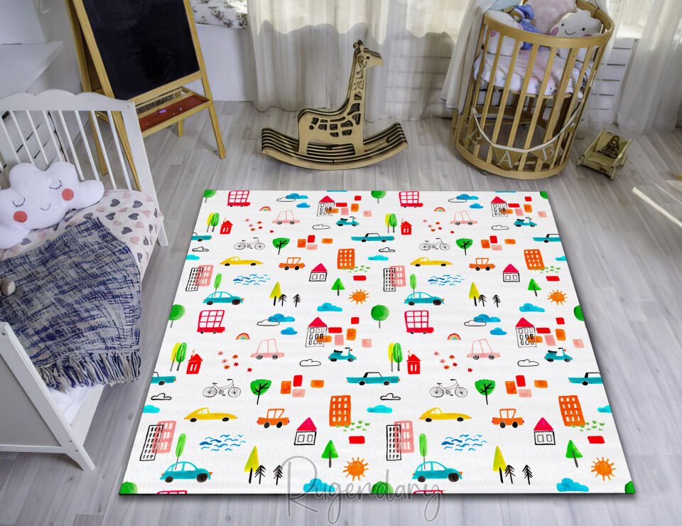 Colorful City Pattern Kids Room Rug – Playful & Educational Design
