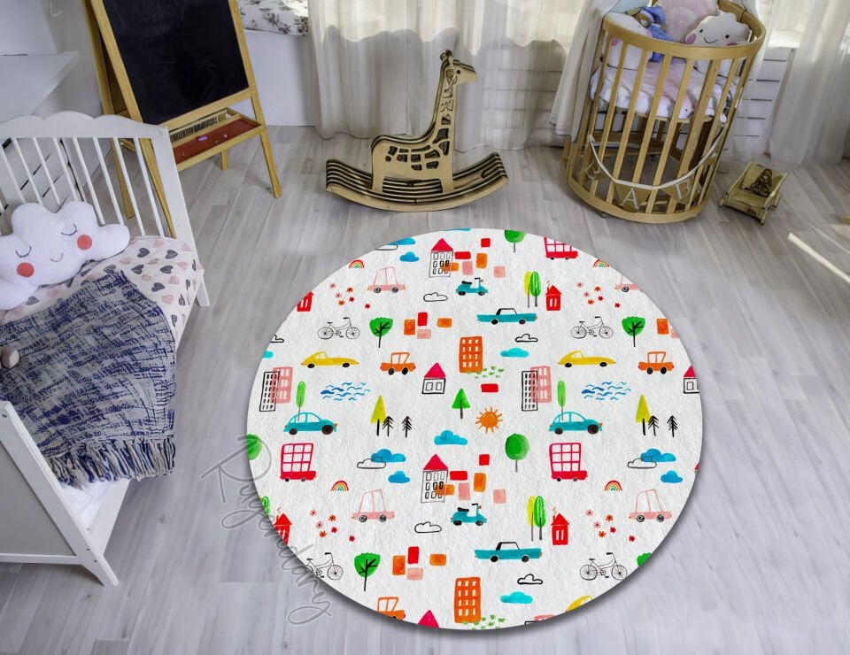 Colorful City Pattern Kids Room Rug – Playful & Educational Design