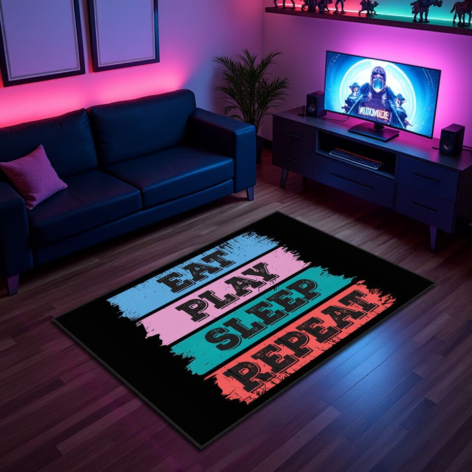 Eat Play Sleep Repeat Colorful Gaming Rug – Soft, Durable & Non-Slip Floor Mat for Game Rooms