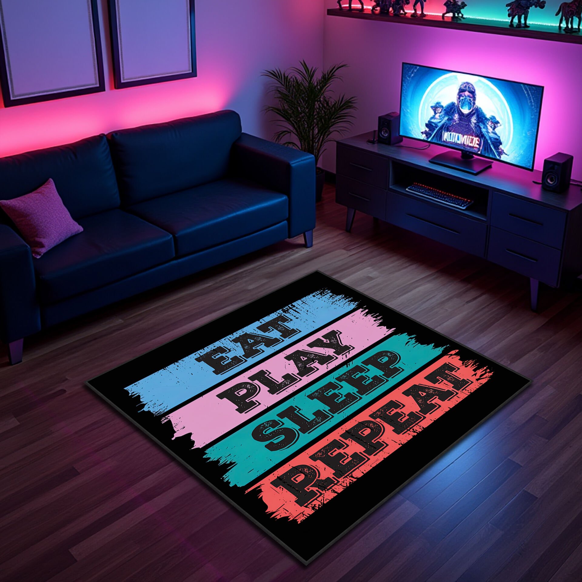 Eat Play Sleep Repeat Colorful Gaming Rug – Soft, Durable & Non-Slip Floor Mat for Game Rooms