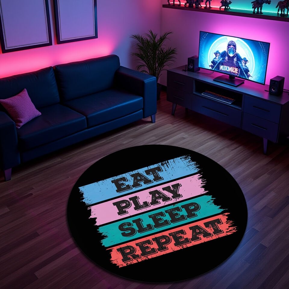 Eat Play Sleep Repeat Colorful Gaming Rug – Soft, Durable & Non-Slip Floor Mat for Game Rooms