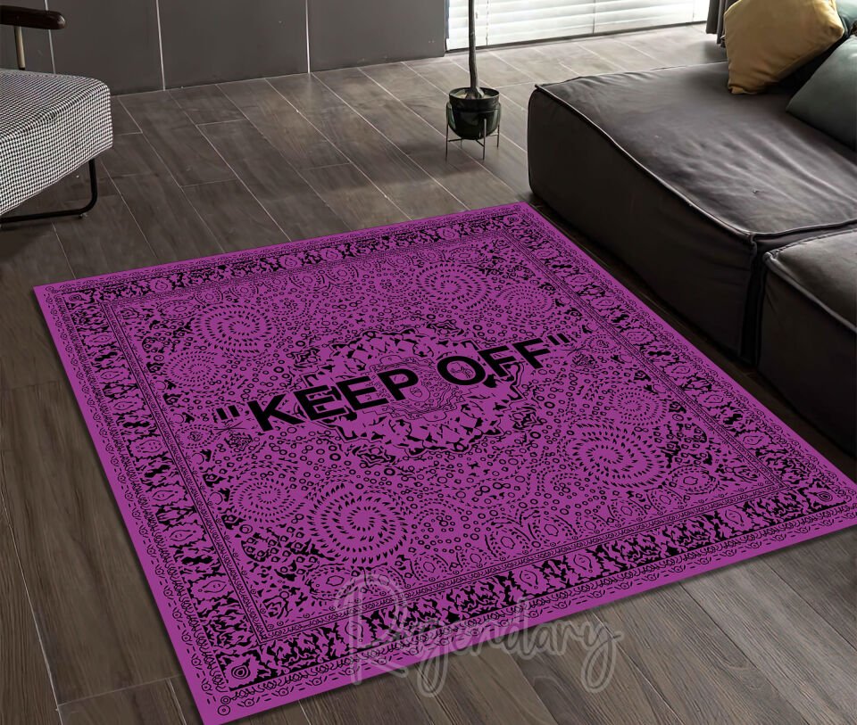 Purple & Black ''KEEP OFF'' Square Rug – Bold Modern Accent