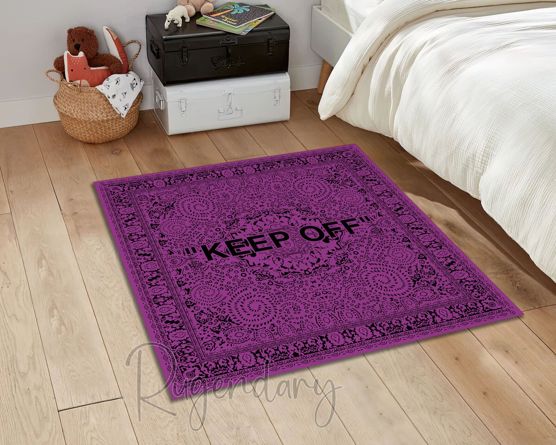 Purple & Black ''KEEP OFF'' Square Rug – Bold Modern Accent