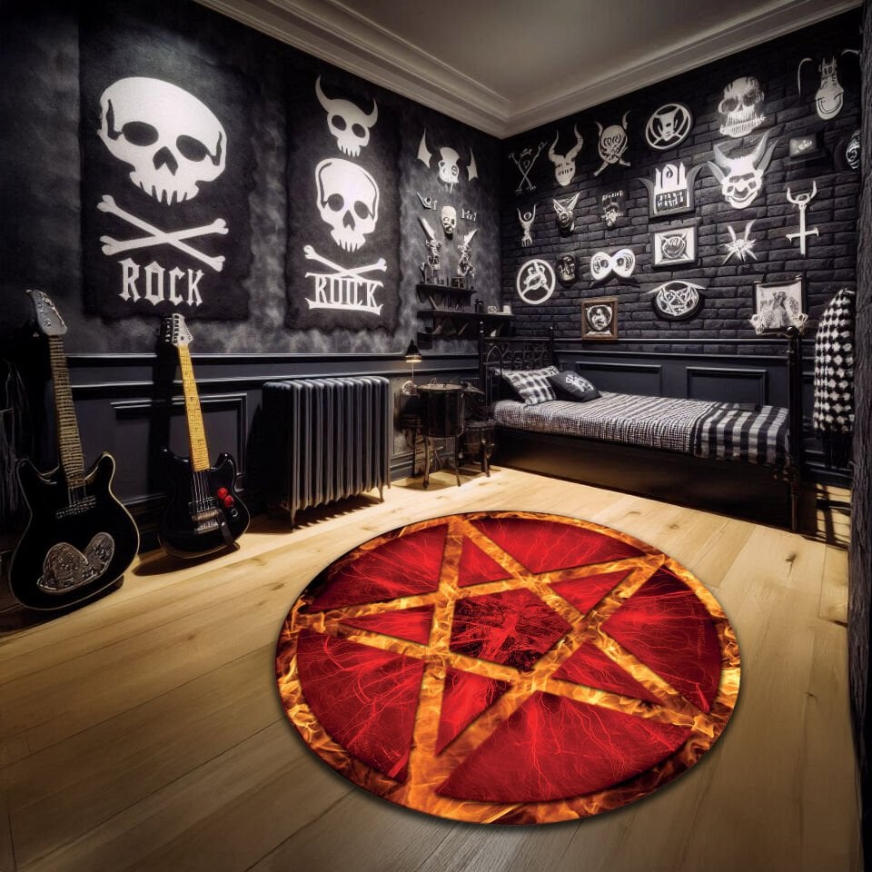 Fiery Red Pentagram Round Rug – Hellfire Occult Gothic Carpet for Dark Alternative Interiors