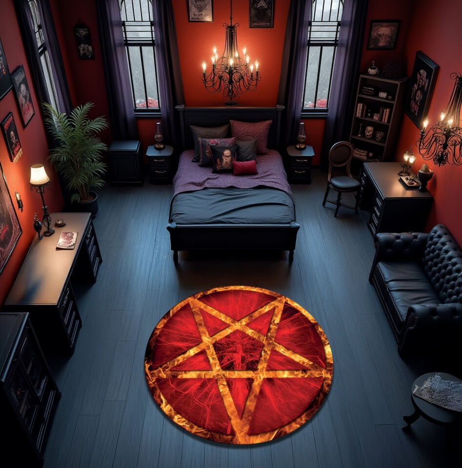 Fiery Red Pentagram Round Rug – Hellfire Occult Gothic Carpet for Dark Alternative Interiors