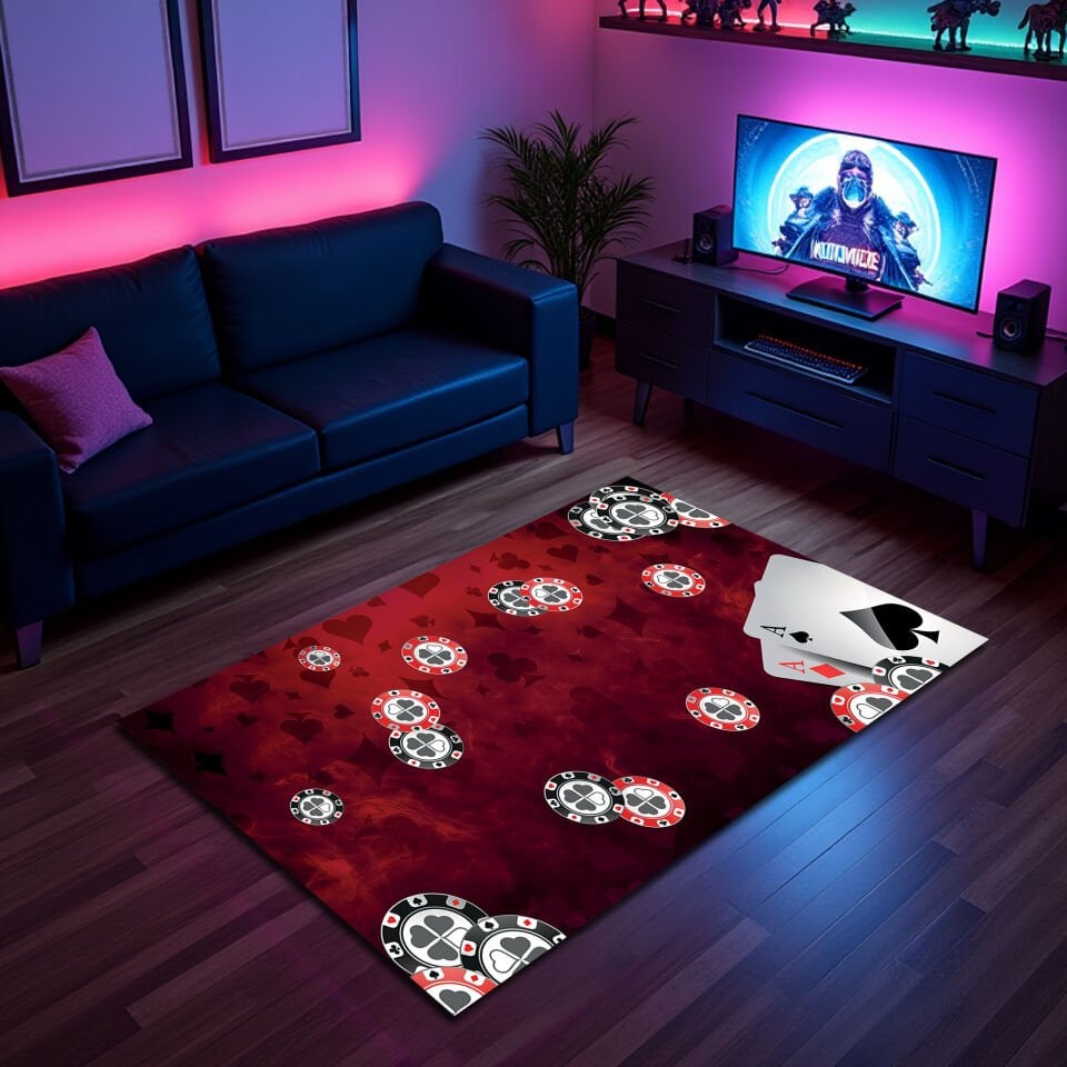 Casino Poker Rug with Playing Cards and Chips – Stylish Gaming Floor Carpet