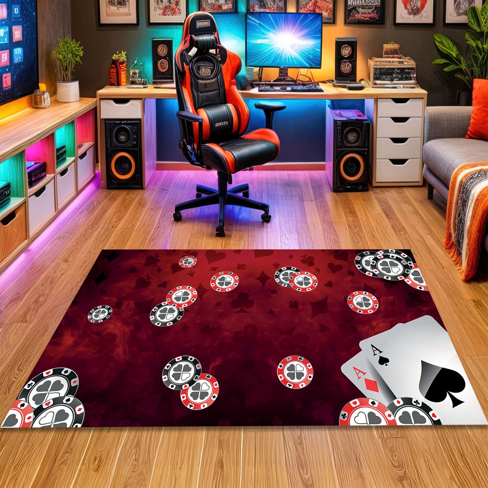 Casino Poker Rug with Playing Cards and Chips – Stylish Gaming Floor Carpet