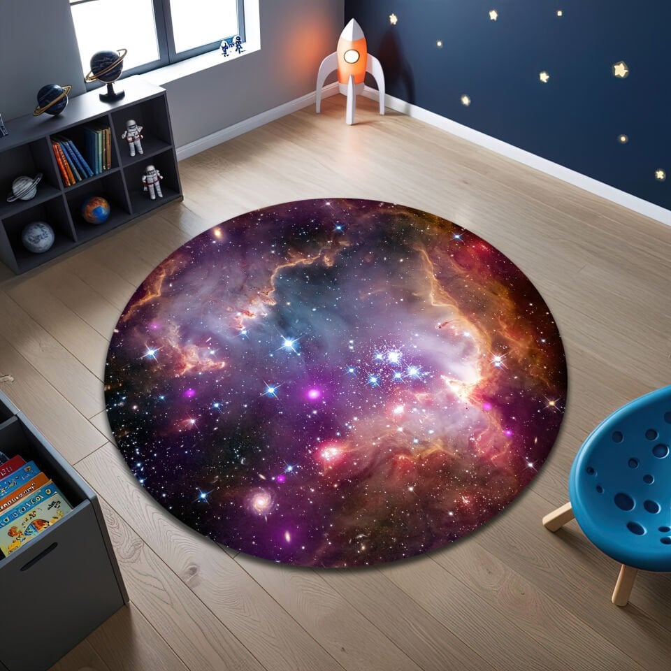 Galaxy Nebula Round Kids Rug – Colorful Space-Themed Playroom Carpet