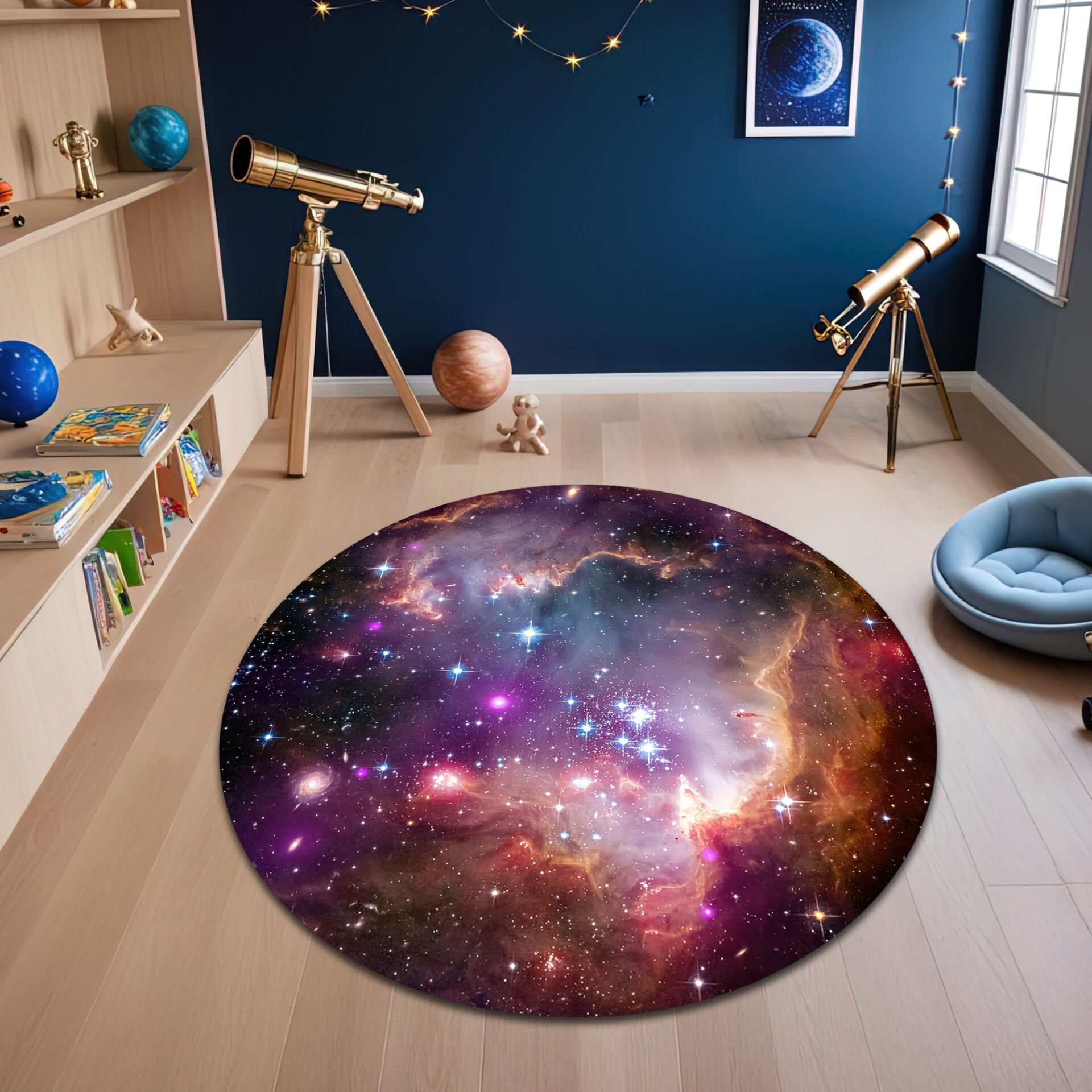 Galaxy Nebula Round Kids Rug – Colorful Space-Themed Playroom Carpet