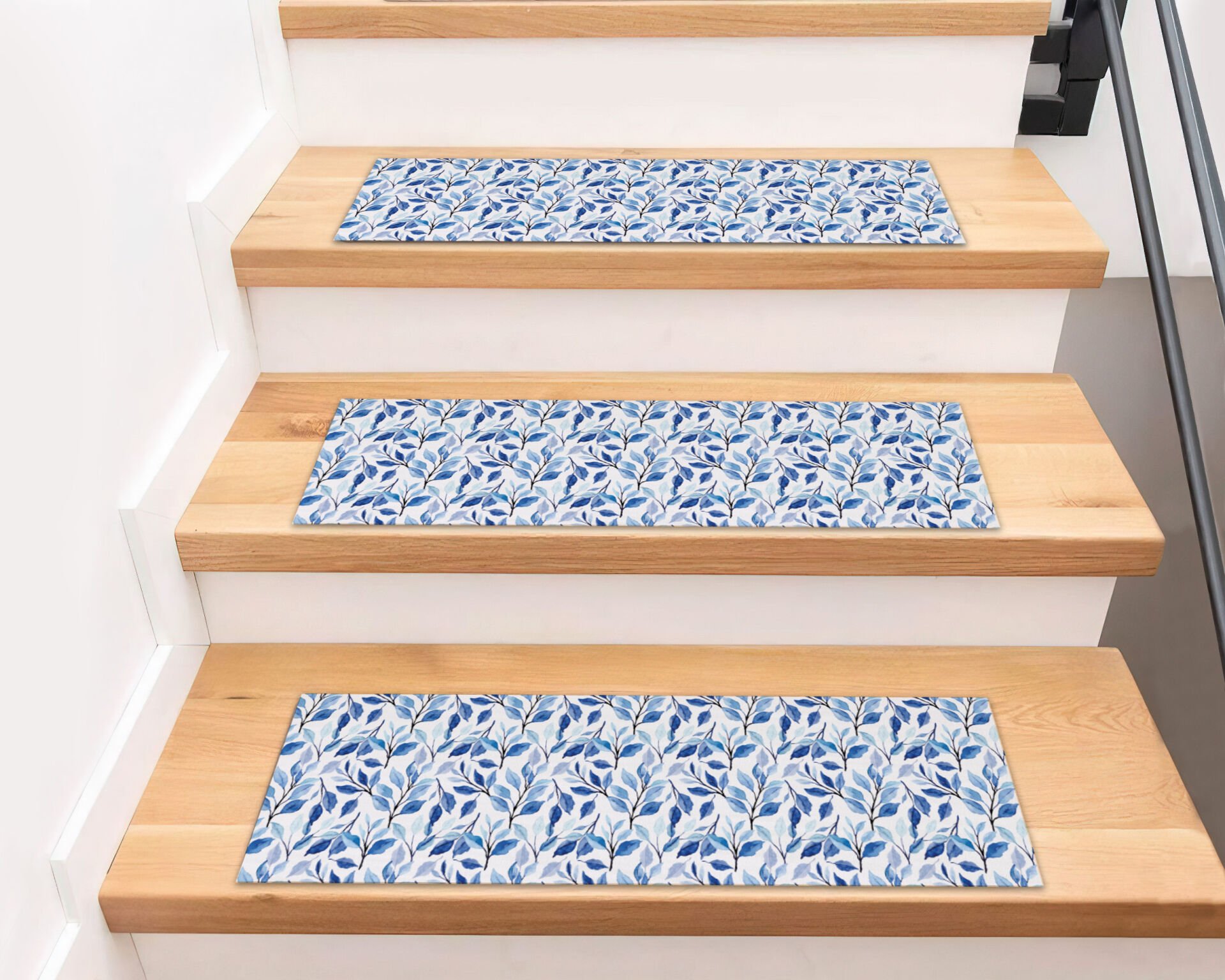 Blue Leaf Pattern Stair Treads – Elegant Blue and White Leaf Design Stair Mats for Stylish Homes