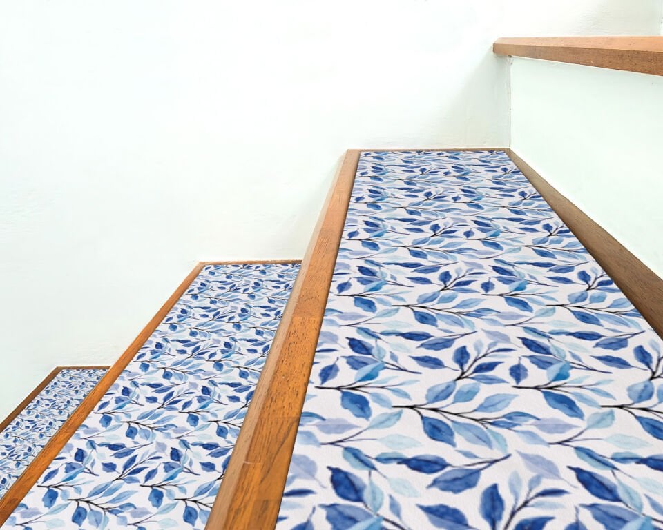 Blue Leaf Pattern Stair Treads – Elegant Blue and White Leaf Design Stair Mats for Stylish Homes