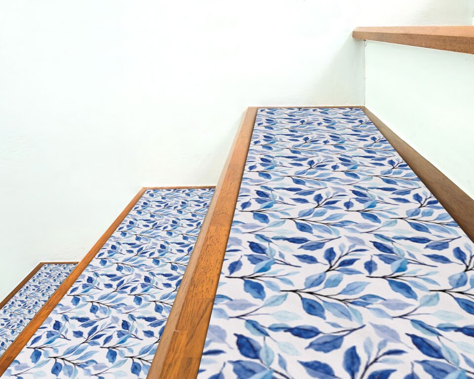 Blue Leaf Pattern Stair Treads – Elegant Blue and White Leaf Design Stair Mats for Stylish Homes