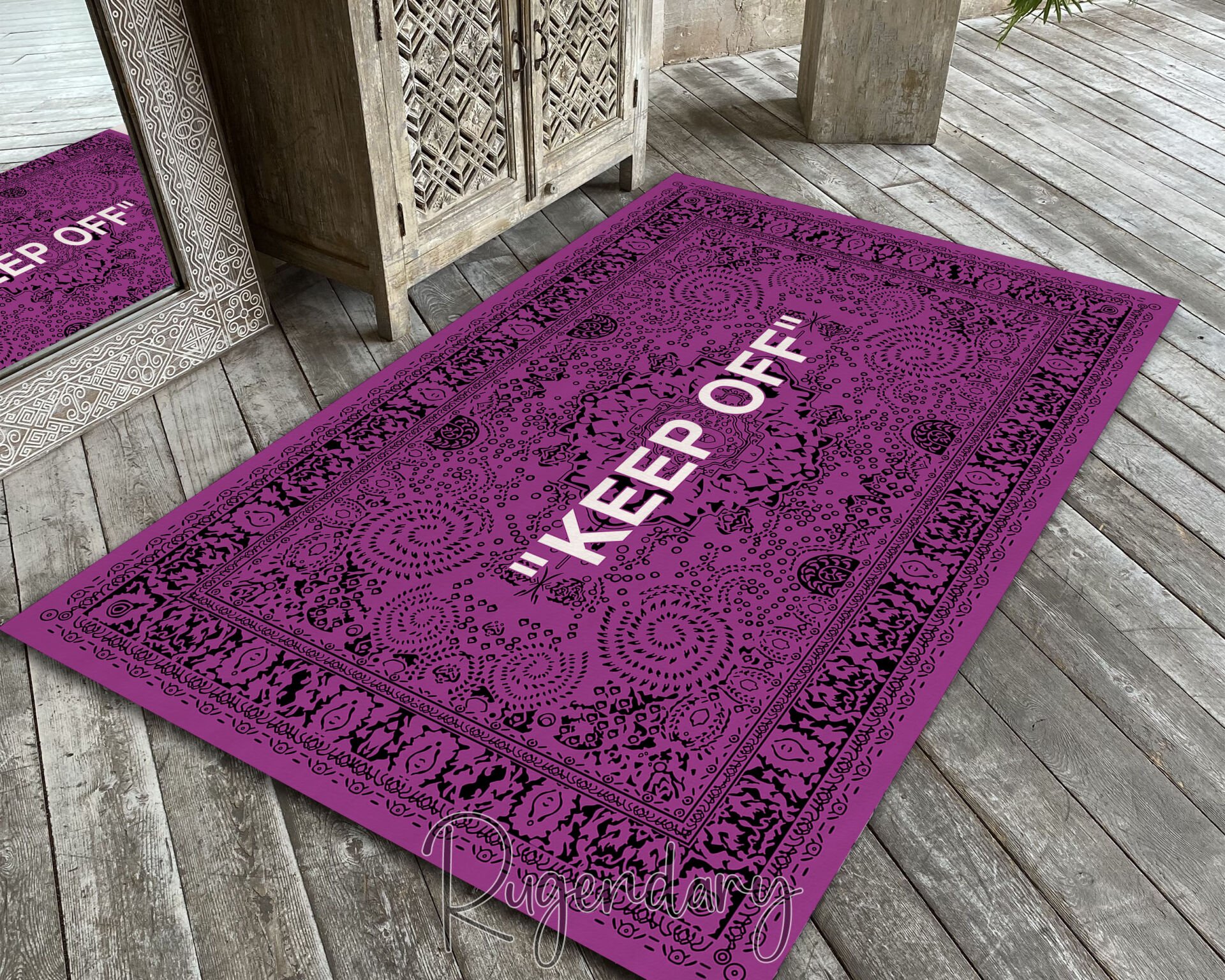 Purple Area Rug with “KEEP OFF” Quote – Modern Living Room Statement Carpet