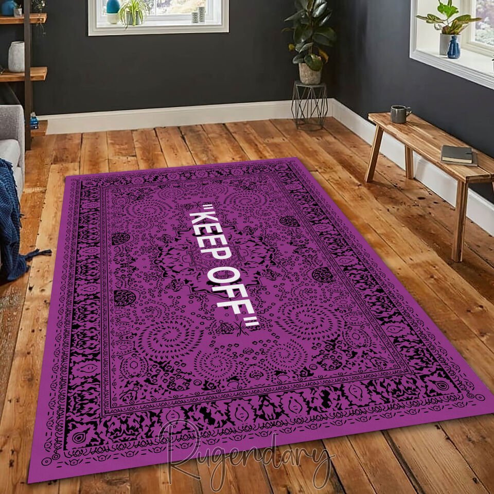 Purple Area Rug with “KEEP OFF” Quote – Modern Living Room Statement Carpet
