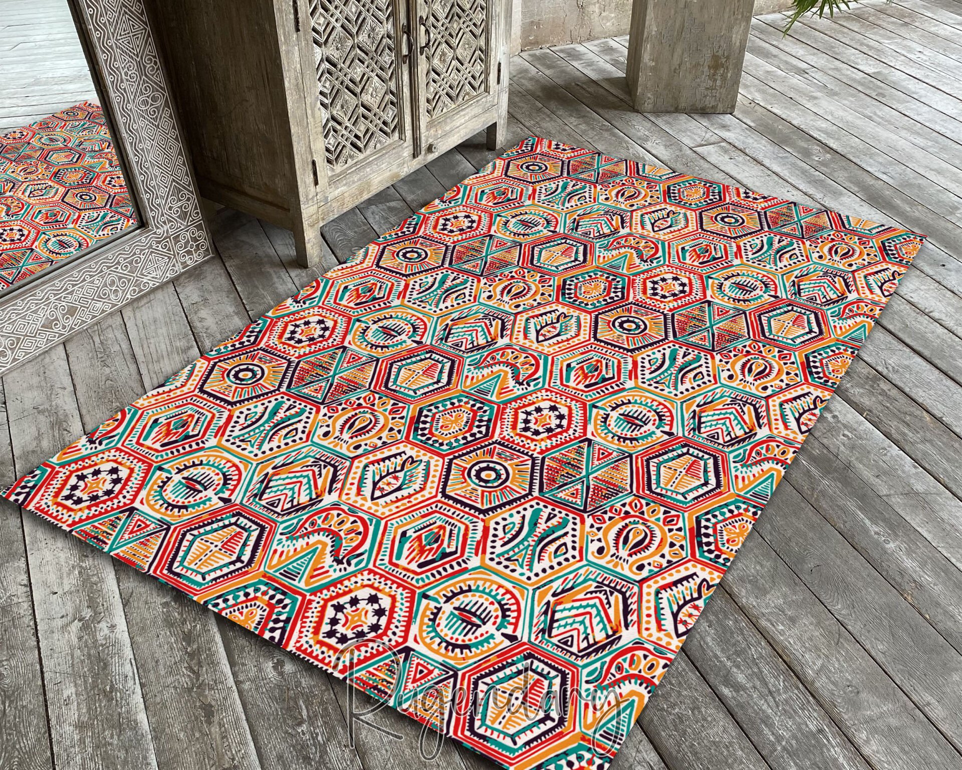 Colorful Tribal Hexagon Area Rug – Ethnic Boho Vibe