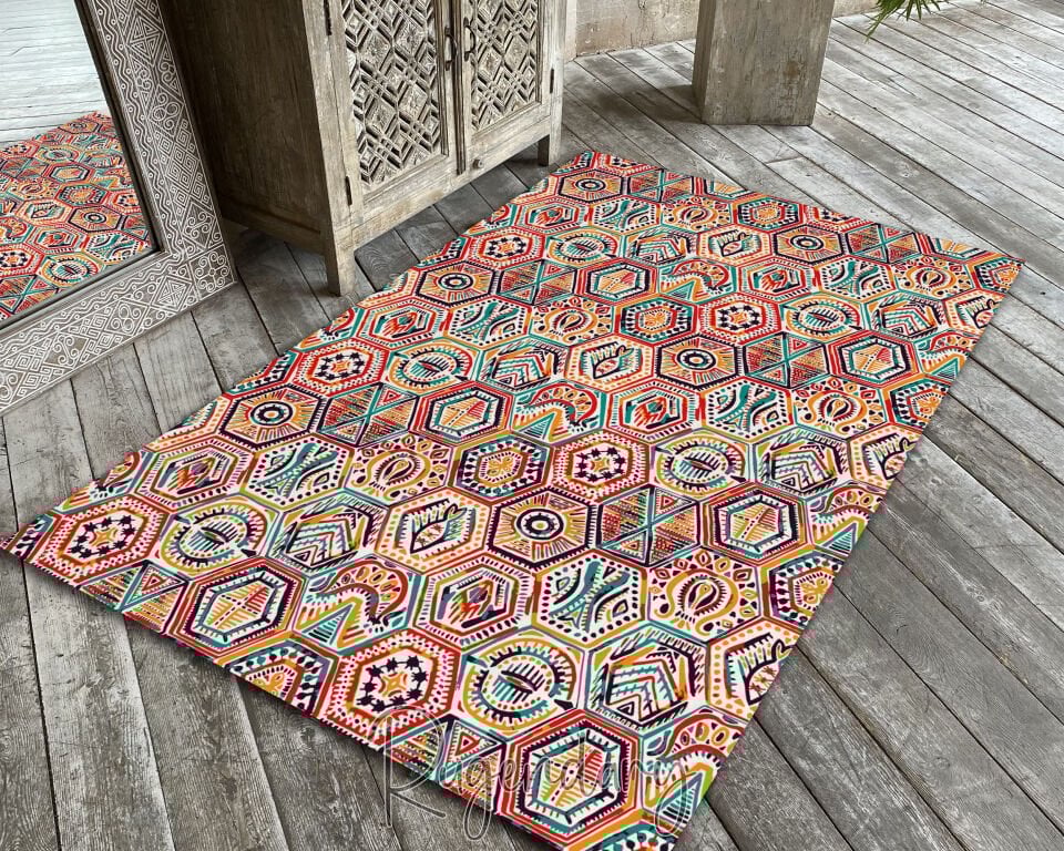 Colorful Tribal Hexagon Area Rug – Ethnic Boho Vibe