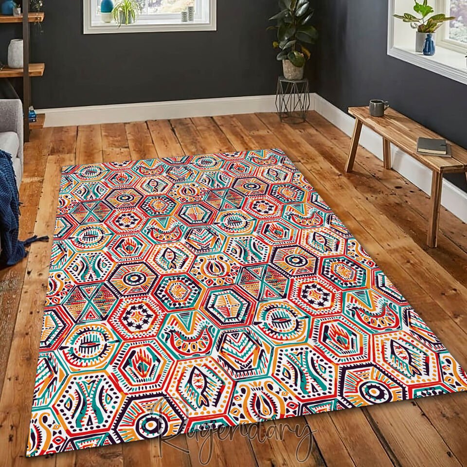 Colorful Tribal Hexagon Area Rug – Ethnic Boho Vibe