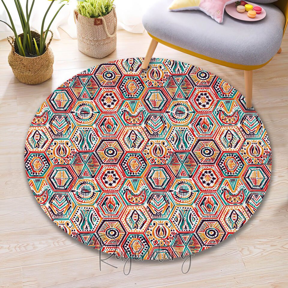 Colorful Tribal Hexagon Area Rug – Ethnic Boho Vibe