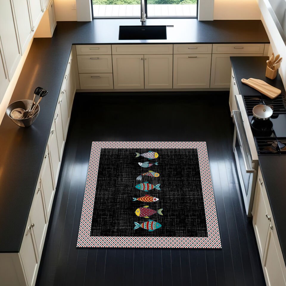 Vibrant Fish Design Black Kitchen Rug with Geometric Border – Durable & Non-Slip
