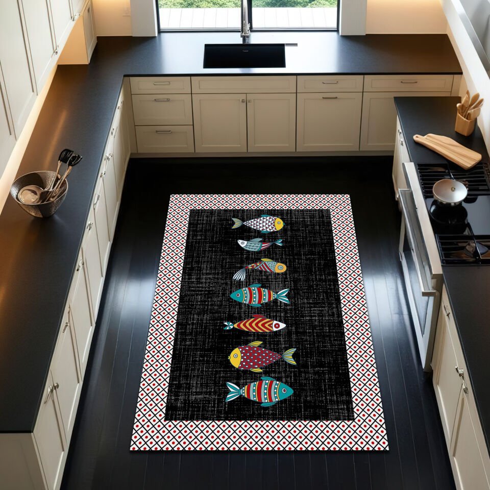 Vibrant Fish Design Black Kitchen Rug with Geometric Border – Durable & Non-Slip