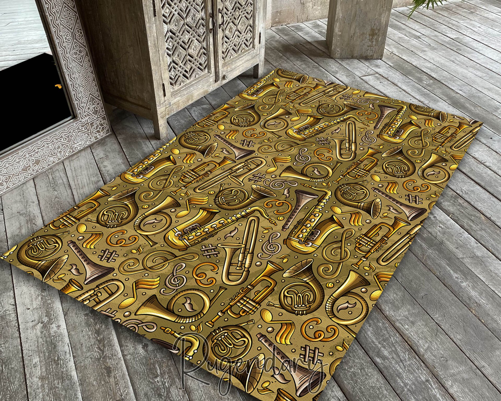 Golden Jazz Brass Instrument Music Rug – Trumpet, Saxophone & Notes Design